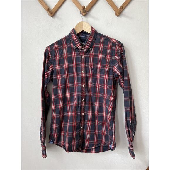 y2k‎ American Eagle red blue plaid button long sleeve mens athletic fit XS - Picture 1 of 5